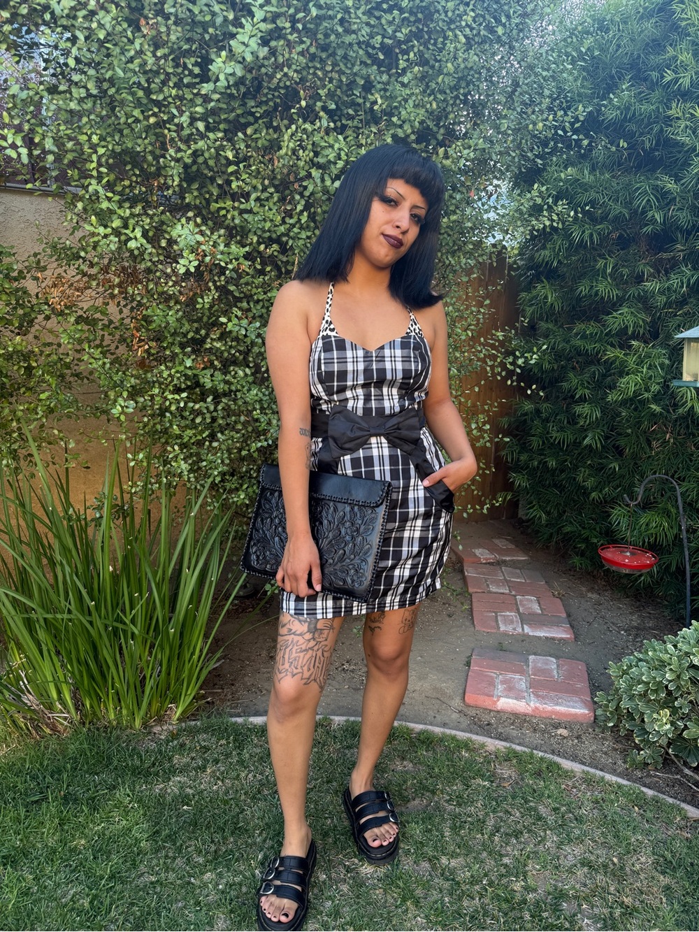 Black & White Plaid Mini Dress with Bow Waist